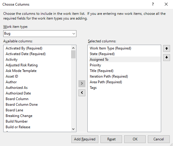 Screenshot showing the choose columns dialog.