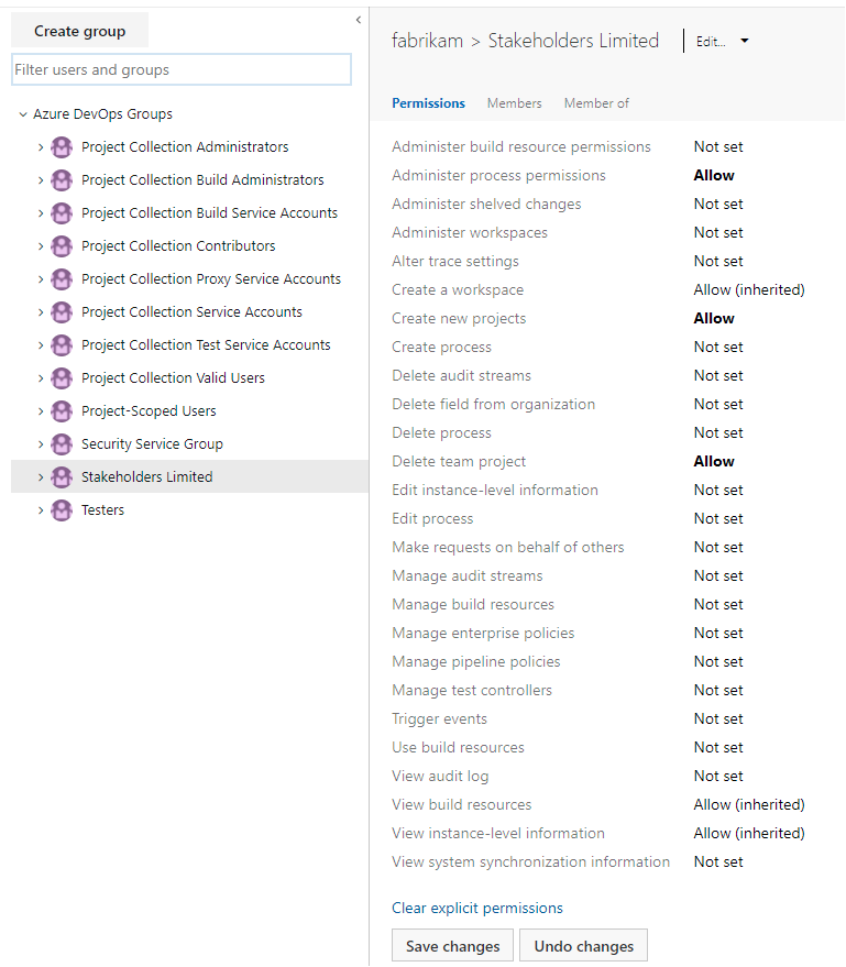 Screenshot of Collection-level Prmissions for a selected group, current page.