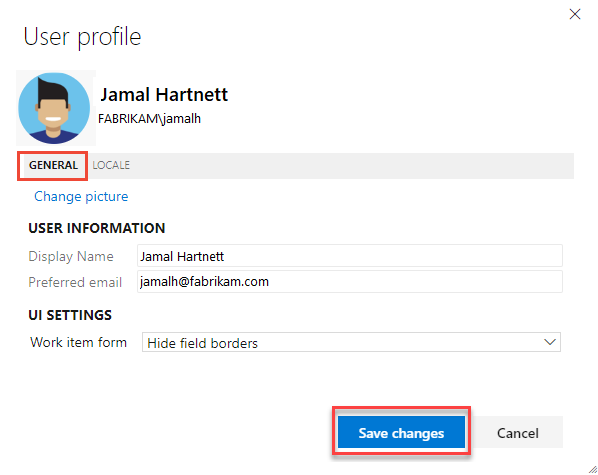 Screenshot of User Profile dialog, General tab.