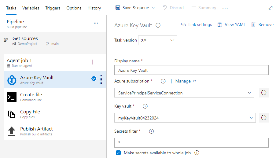 Screenshot that shows how to set up the Azure Key Vault task in classic pipelines.