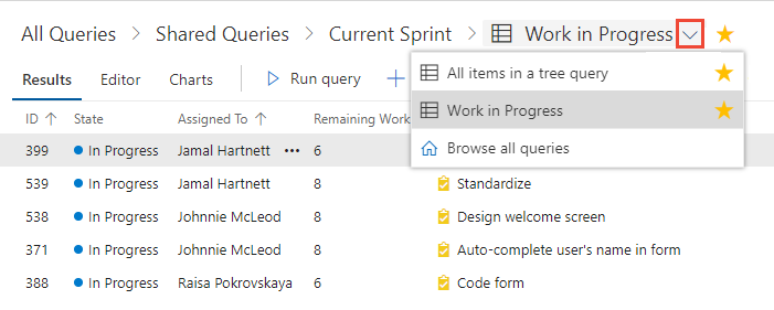 Screenshot of query dropdown.