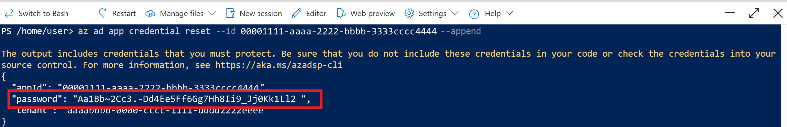 Screenshot of Cloud Shell output of the app registration creation command. The password value is highlighted.