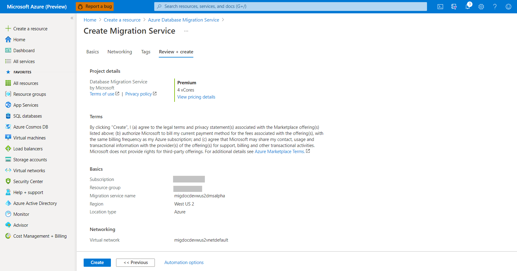 Azure Database Migration Service create