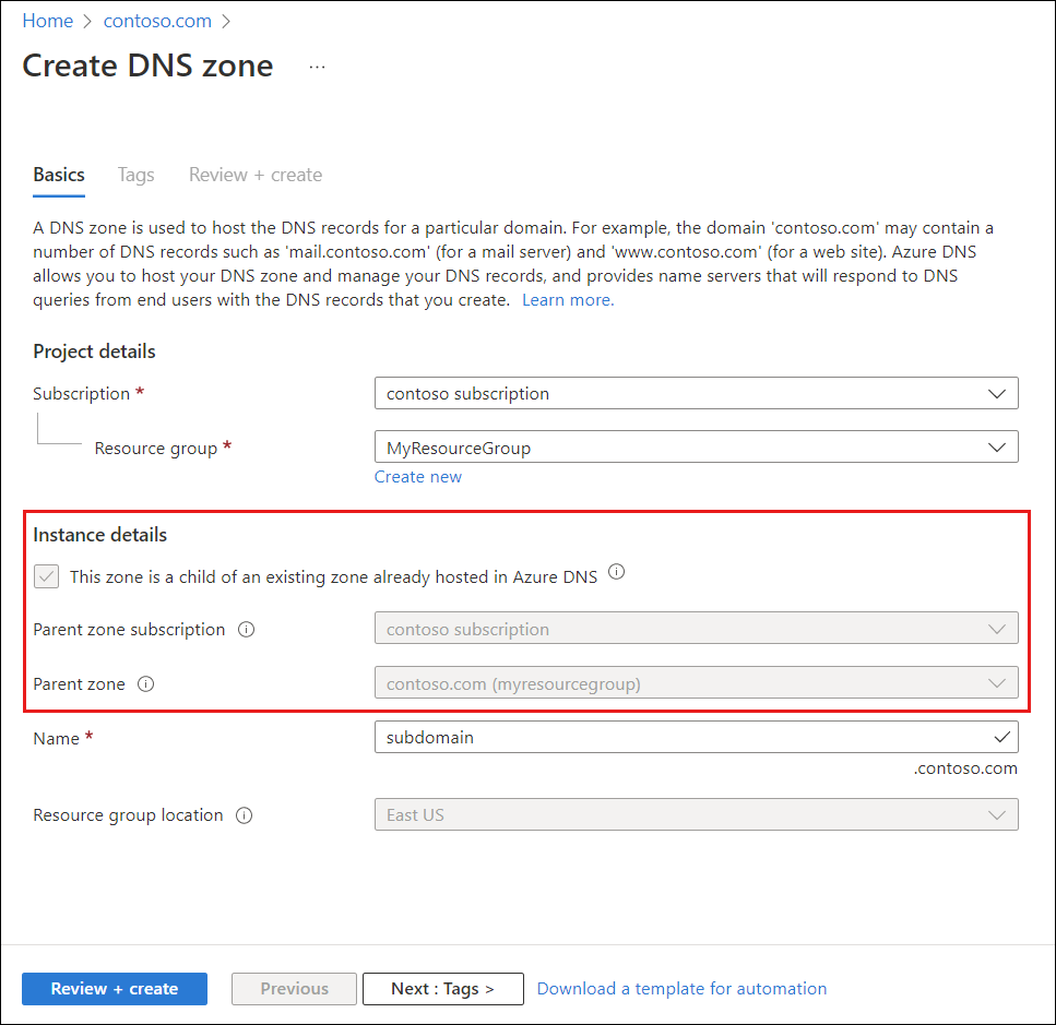 Screenshot of Create DNS zone page accessed via the Add child zone button.