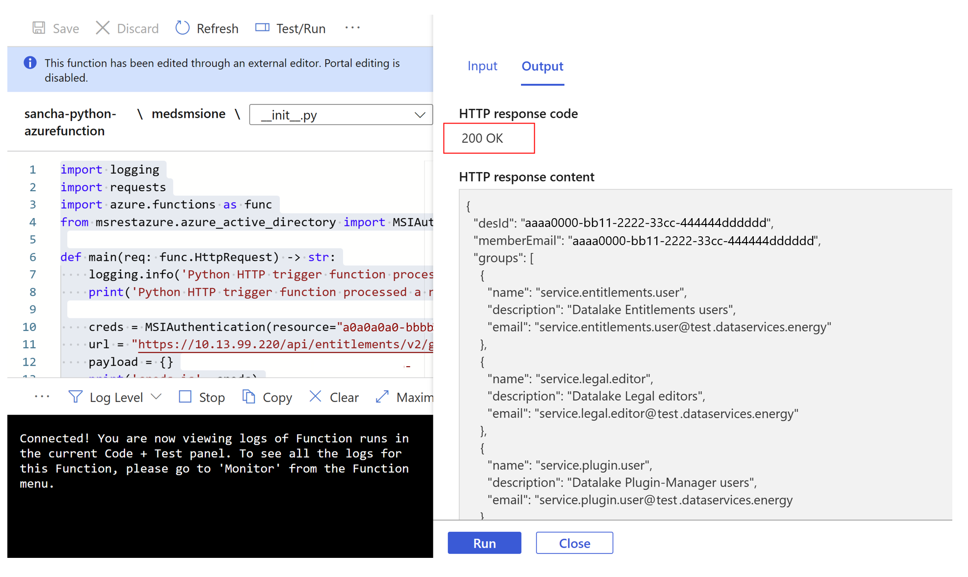 Screenshot of a success message from Azure Functions.