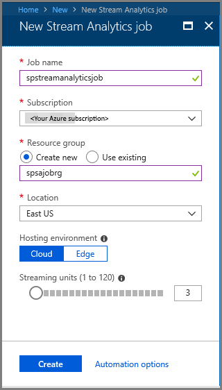 New Stream Analytics job
