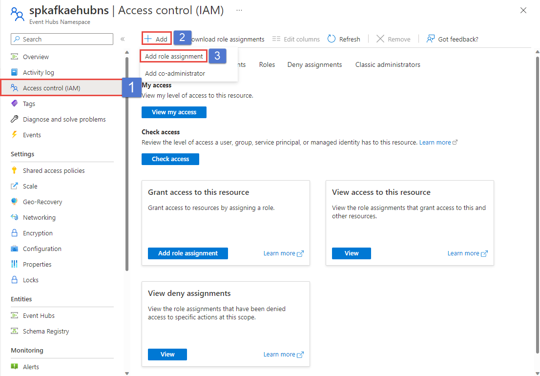 Screenshot of the Access Control page of an Event Hubs namespace.