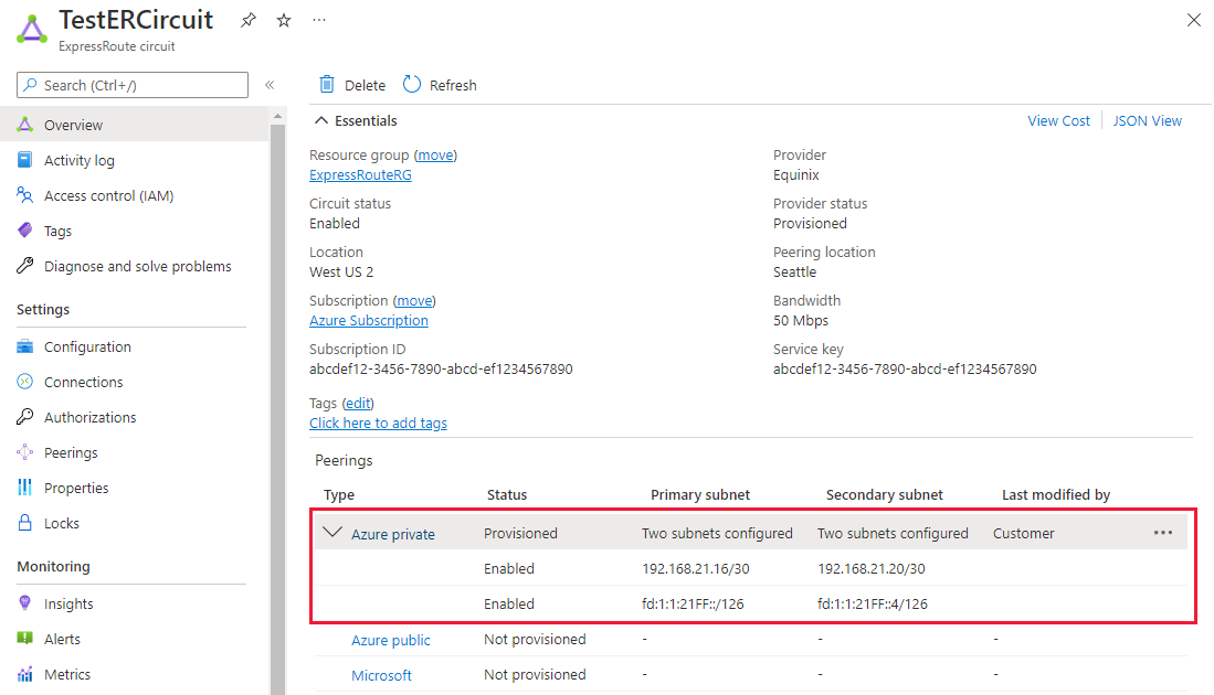 Screenshot showing how to view private peering properties.