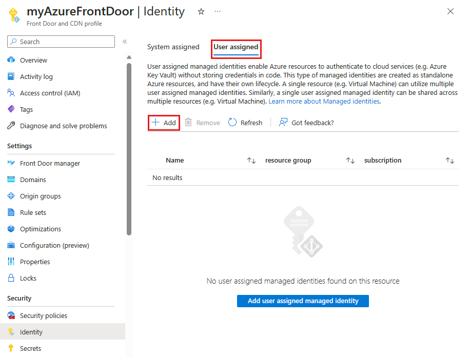 Screenshot of the user assigned managed identity configuration page.