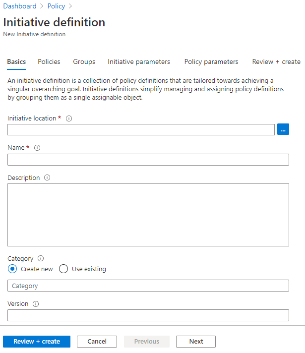 Screenshot of the initiative definition page and properties to set.