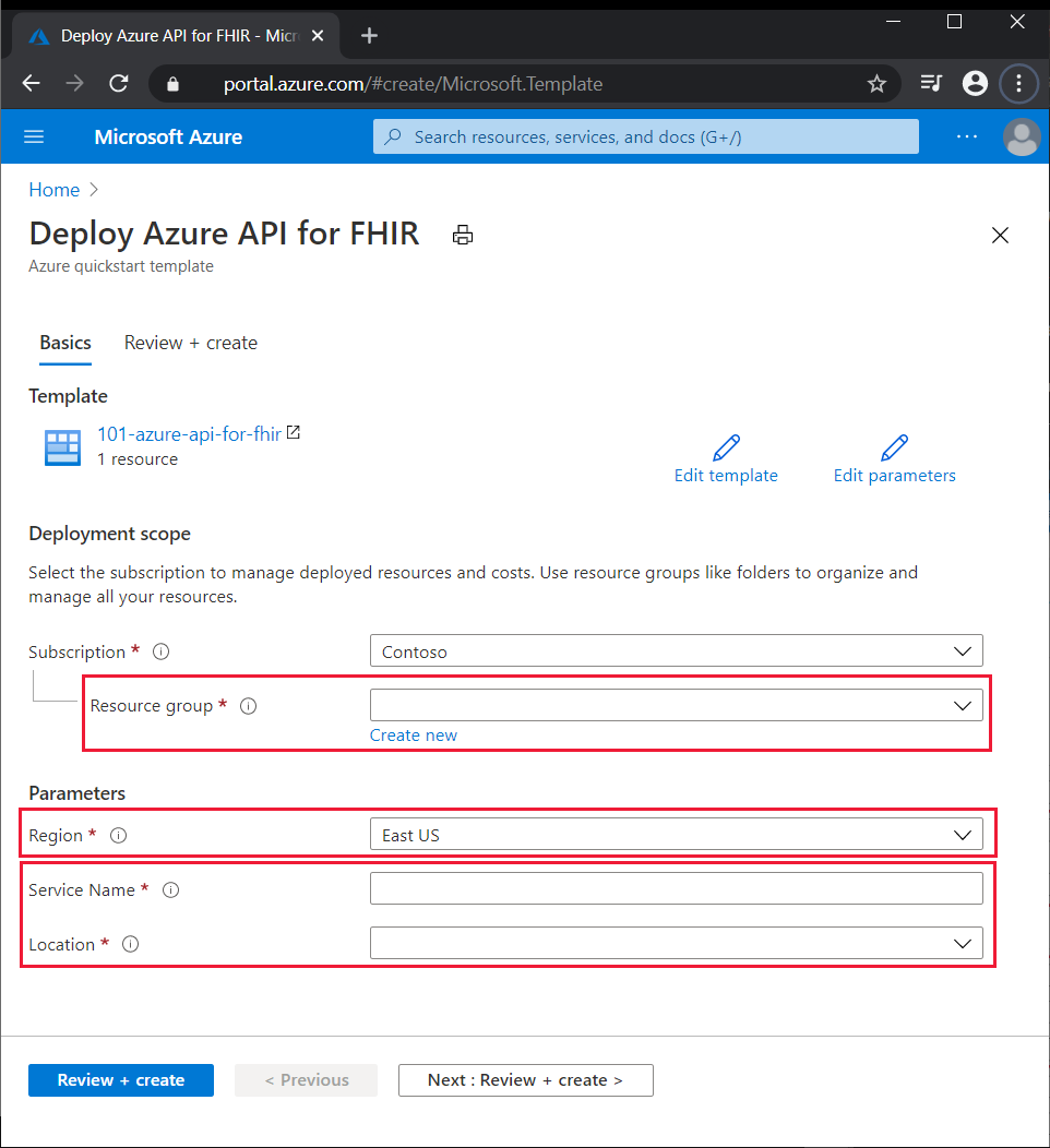 Deploy Azure API for FHIR using the ARM template in the Azure portal.