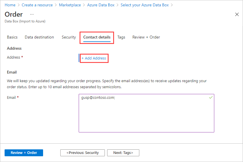 Screenshot of Contact Details tab for a Data Box order. The Contact Details tab and the Plus Add Address option are highlighted.