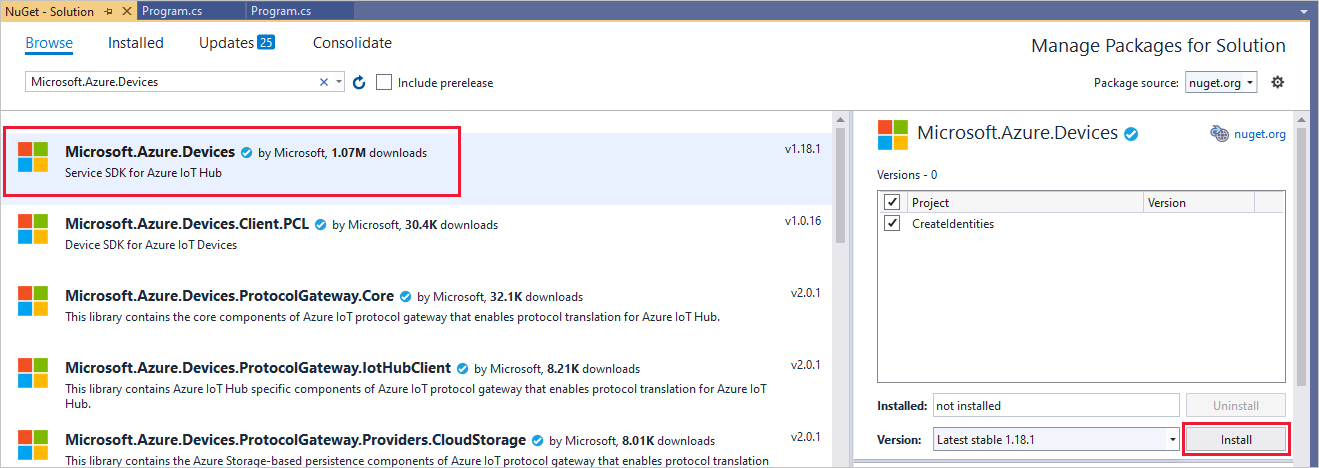 Install Azure IoT Hub .NET service SDK current version