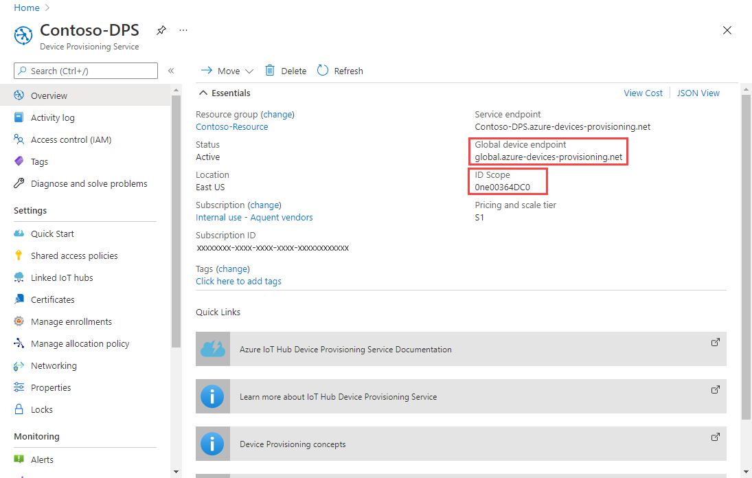 Screenshot showing the overview of the Device Provisioning Service instance, highlighting the global device endpoint and ID Scope values for the instance.