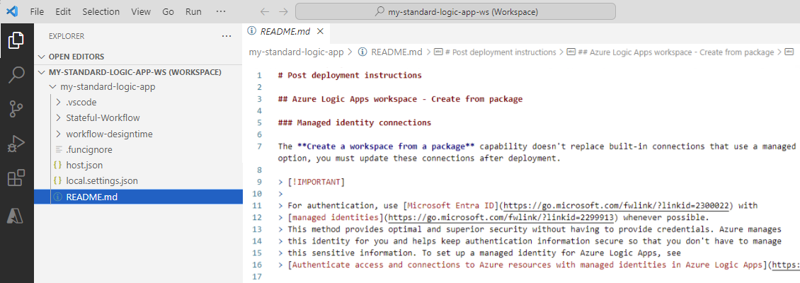 Screenshot shows Visual Studio Code, Explorer window, workspace, and logic app project.