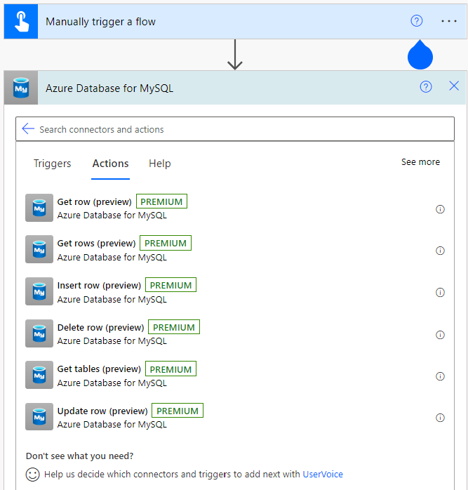 Screenshot that shows how to view all the actions for Azure Database for MySQL Flexible Server connector.