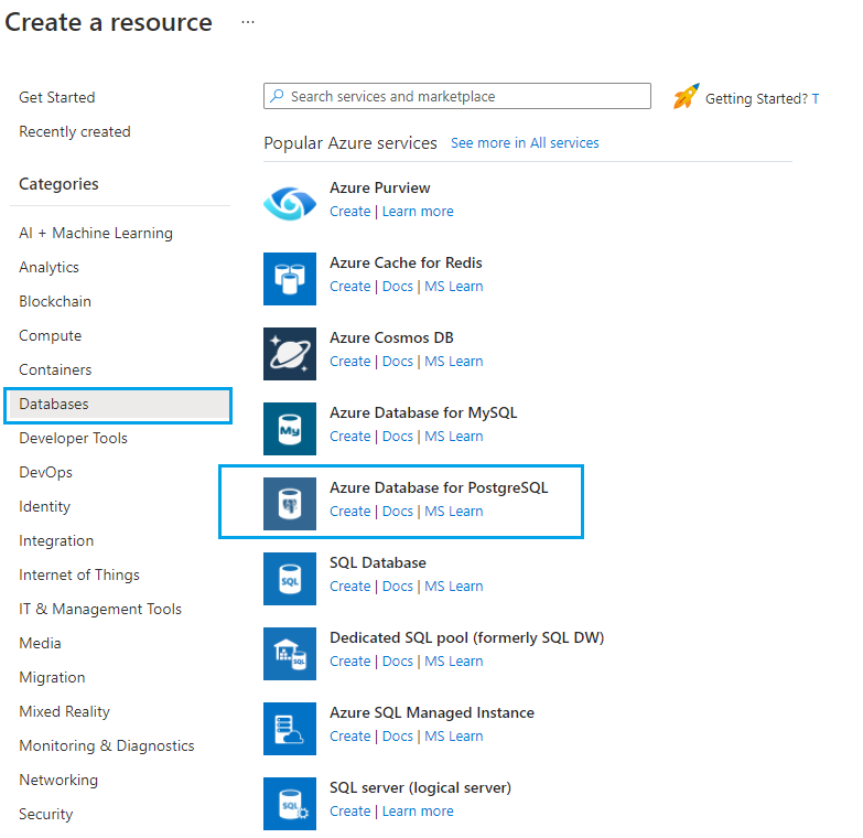 The Azure Database for PostgreSQL in menu.