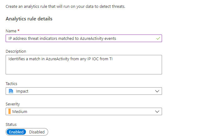 Screenshot of the create analytics rule configuration wizard.