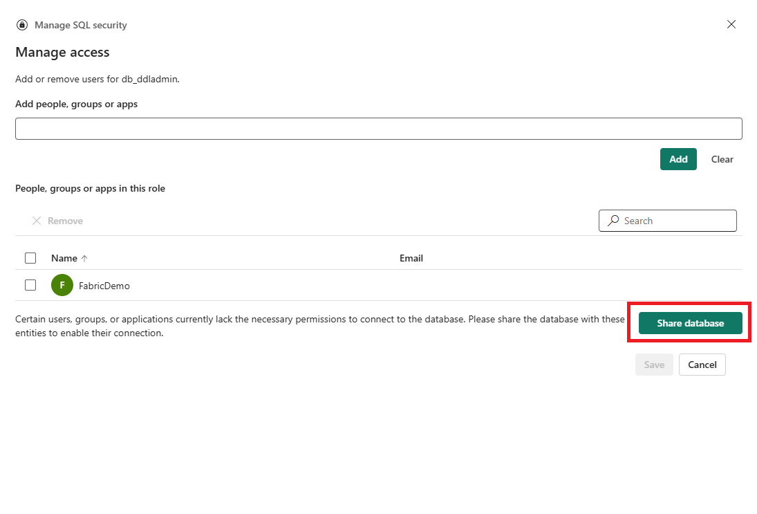 Screenshot of the Fabric portal, viewing a list of groups added to the role, and clicking Share database.