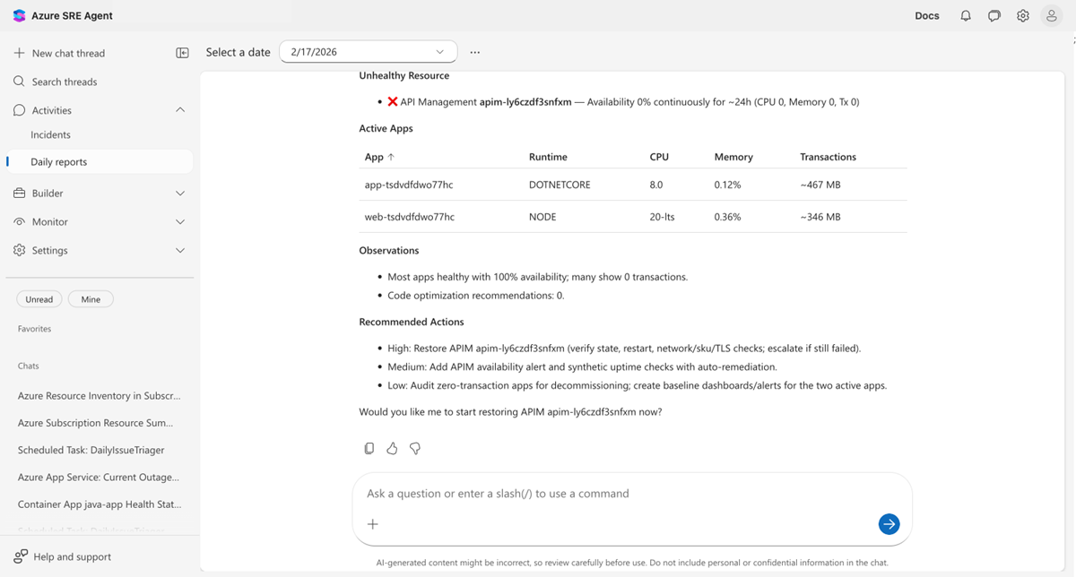 Daily report showing security findings, incident summary, resource health metrics, and recommended actions