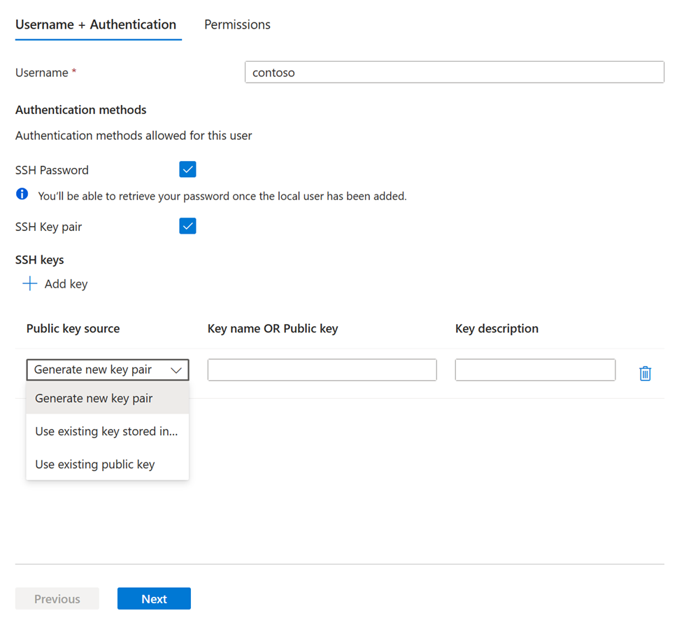 Screenshot of the Local user configuration pane.