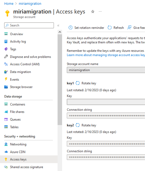 Screenshot of the Access Keys configuration panel in the Miria software.