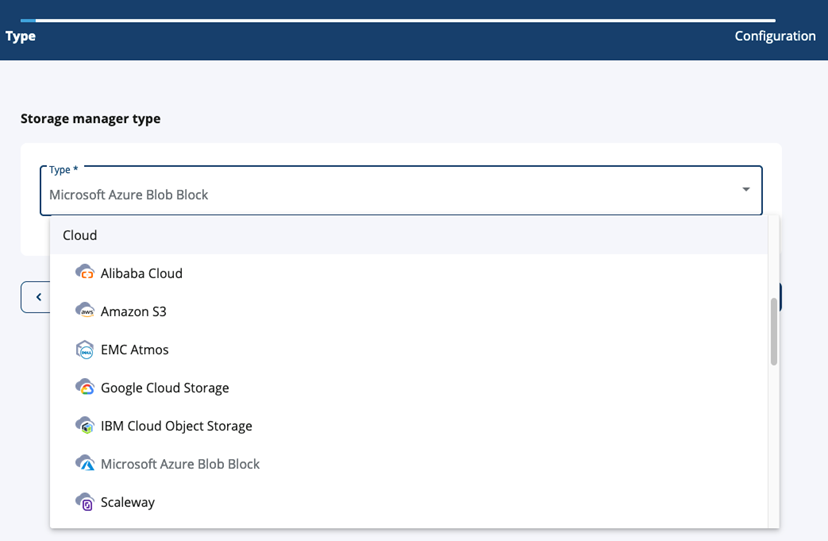 Screenshot of the selection of Azure Block Blob Configuration option.