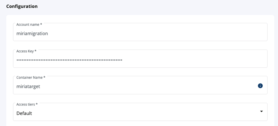 Screenshot of the Configuration panel in the Miria software.