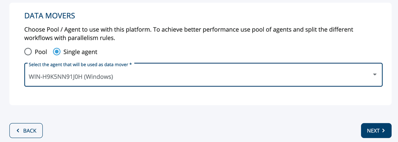 Screenshot of the Data Movers configuration panel, with an agent selected.