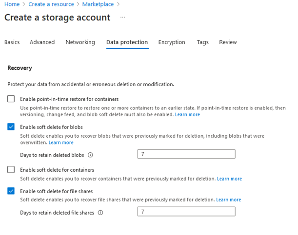 Screenshot of the Data Protection Options panel when creating a new Storage Account.