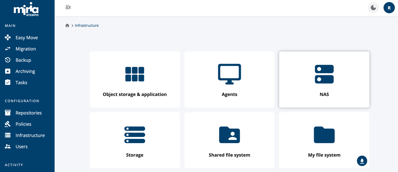 Screenshot of the Miria configuration menu with the Infrastructure menu selected.