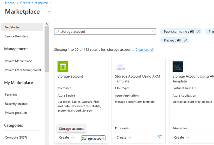 Screenshot of the Azure Marketplace listing for Storage Accounts.