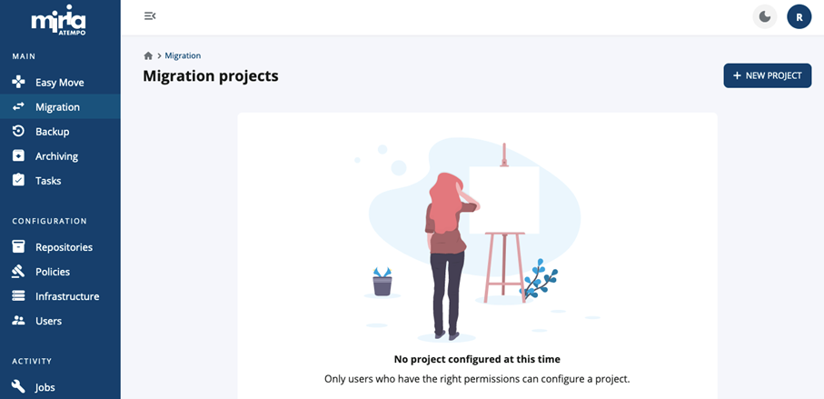 Screenshot of the Migration Projects dialog box with no projects configured.
