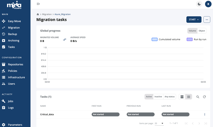 Screenshot of the dialog box where the user can start the migration job