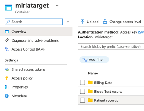 Screenshot of the Azure container data was moved into.