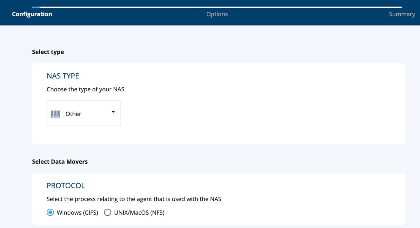 Screenshot of the Network Attached Storage Type interface, with the Other type selected.