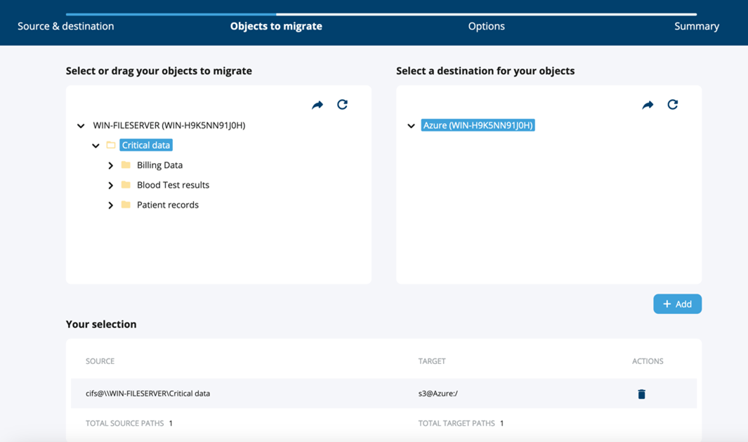 Screenshot of the selection dialog box where the user selects the Objects to Migrate.