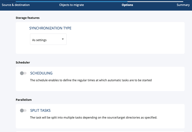 Screenshot of the advanced options for the Migration job.