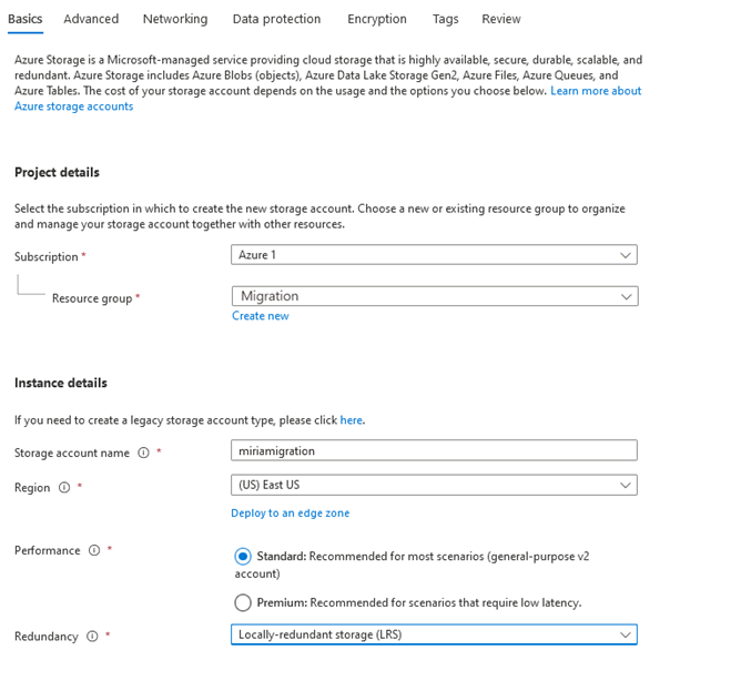 Screenshot of the Basics panel for creating a new storage account.