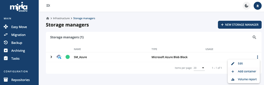 Screenshot of the Add a Storage Manager Container UI in the Miria software.