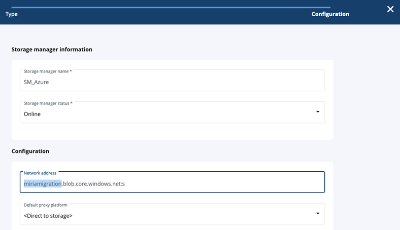 Screenshot of the Storage Manager Configuration panel when creating a new source for migration.