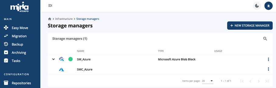 Screenshot of the fully configured Azure Storage Managers.