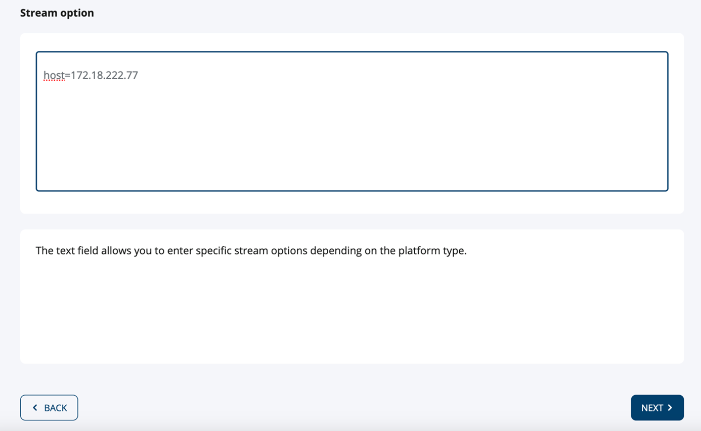 Screenshot of the Stream Options configuration panel, with an IP address configured for the Network Attached Storage.