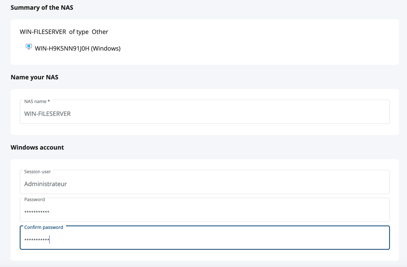 Screenshot of the Summary of Network Attached Storage Configuration dialog box.
