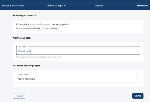 Screenshot of the migration summary dialog box where the migration job is named.
