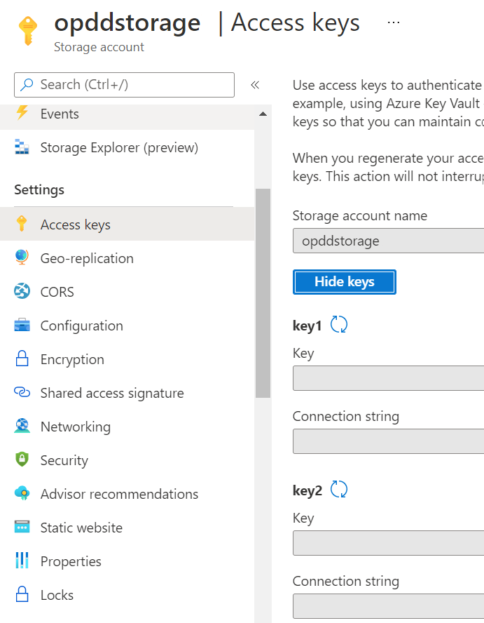 Shows access key settings in the portal.
