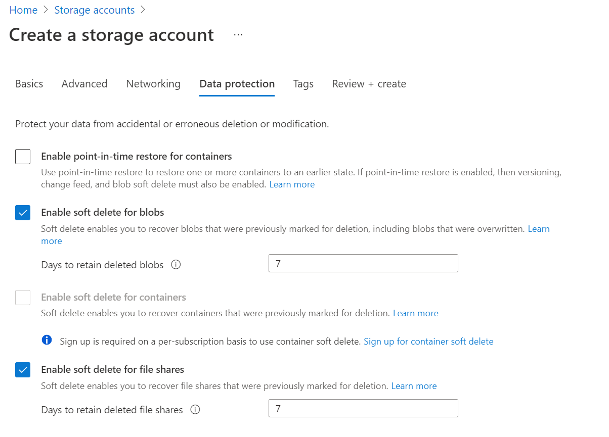 Shows the Data Protection settings in the portal.