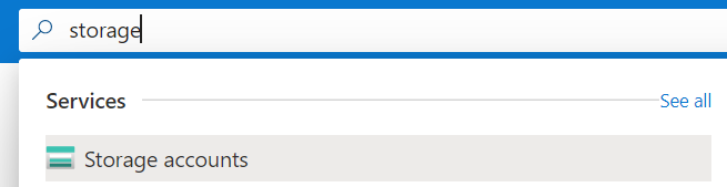 Shows where you've typed storage in the search box of the Azure portal.