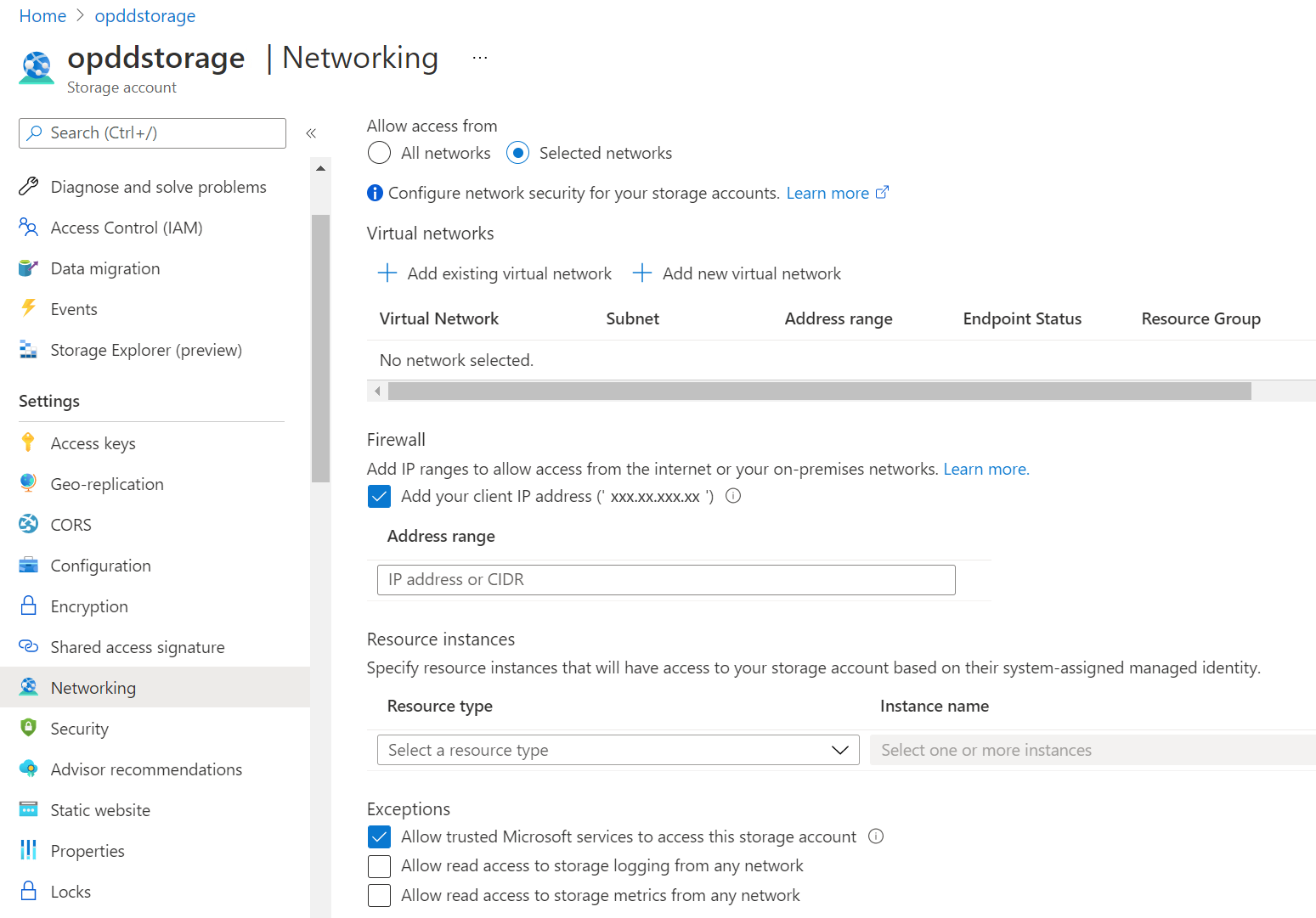 Shows storage firewall settings in the portal.