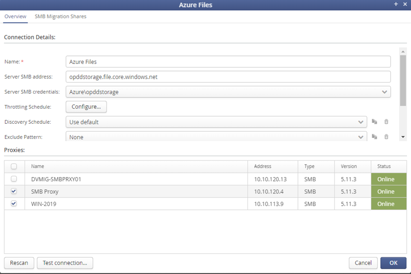 Configure Azure Files connection details.